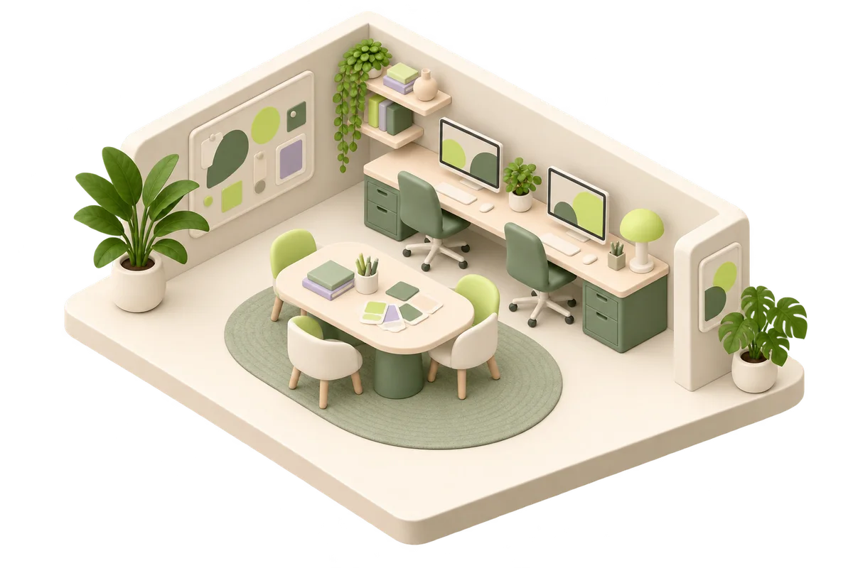 Estúdio criativo em miniatura, com mesas e área de colaboração